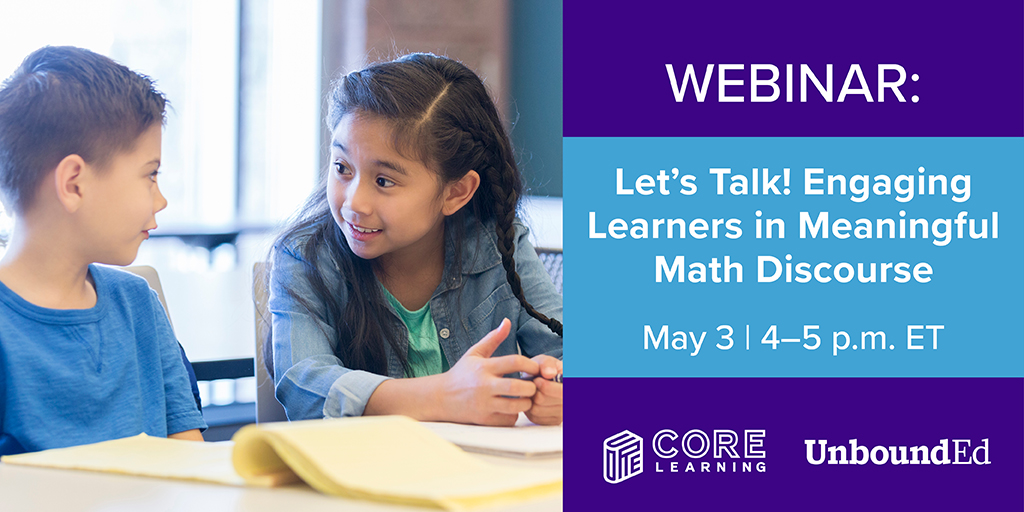 COREInc's tweet image. Join our next free webinar! During this panel discussion, a group of math educators and professional learning experts will share what’s needed to get students engaged in active and productive math discourse. | Wed. May 3, 4pm ET | ow.ly/8Avt50NNfwp #mathchat #teachmath