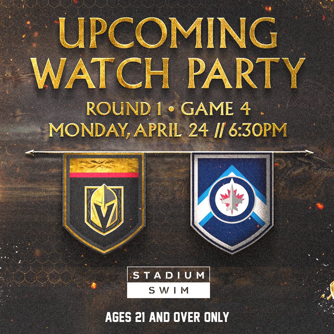 🚨 Official <a href="/GoldenKnights/">Vegas Golden Knights</a> Watch Party Mon 4/24 at <a href="/stadiumswim/">Stadium Swim</a>. 🏒 ☀️ 

Catch all the playoff action in full audio on a 143 ft screen while hanging poolside with <a href="/ChanceNHL/">Chance</a>, the Drumbots &amp; the Vegas Vivas.

*Wear #VGK gear for FREE entry! 
Reserve: shorturl.at/pCFS2