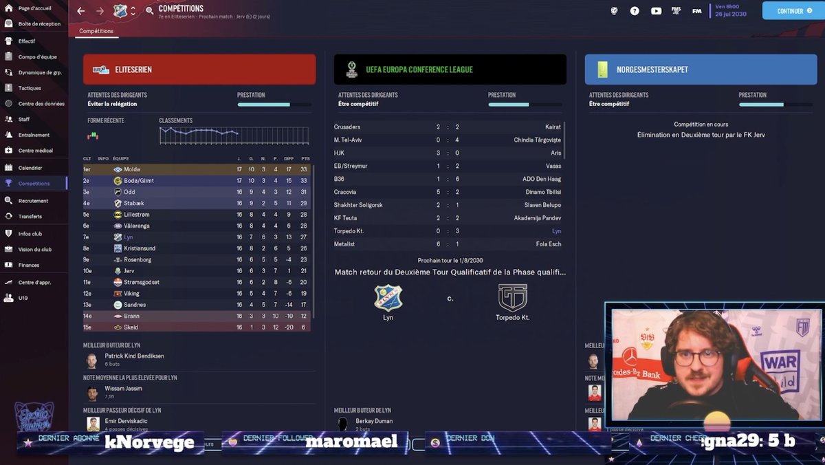 VikFM_'s tweet photo. Peu de choses à dire vu qu’on est en période de mercato estival mais:
- Win vs Torpedo Kutaisi 3-0! En UECL pour le retour en Europe 🙌
- Par contre défaite vs Valerenga en championnat, le rival, qui nous fait replonger… 🫠
#FM23 #FootballManager2023 #TwitchFr #FKLyn https://t.co/1tt5XBsdf0
