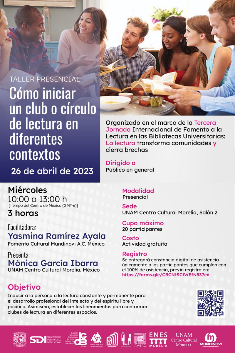 UNAMCultMorelia's tweet photo. 📣 Inscríbete al taller “𝗖ó𝗺𝗼 𝗶𝗻𝗶𝗰𝗶𝗮𝗿 𝘂𝗻 𝗰𝗹𝘂𝗯 𝗼 𝗰í𝗿𝗰𝘂𝗹𝗼 𝗱𝗲 𝗹𝗲𝗰𝘁𝘂𝗿𝗮 𝗲𝗻 𝗱𝗶𝗳𝗲𝗿𝗲𝗻𝘁𝗲𝘀 𝗰𝗼𝗻𝘁𝗲𝘅𝘁𝗼𝘀” en la UNAM Centro Cultural Morelia 🥰📗📘 https://t.co/6t52SogEM9