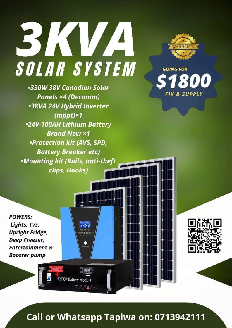 tapiwafortune94's tweet photo. Invest In Green Energy ☀️
Say Goodbye To LOADSHEDDING🌑
Go Green! Go Solar!☀️

Get Your Home Solar System Today
Fix and Supply(Incl Installation)
📌3kva Solar Package $1800 (330Watt Decomm)
📌5kva Solar Package $2950 (330Watt Decomm)

Call/app 0713942111 Tapiwa Fortune https://t.co/jeJTShAh1e