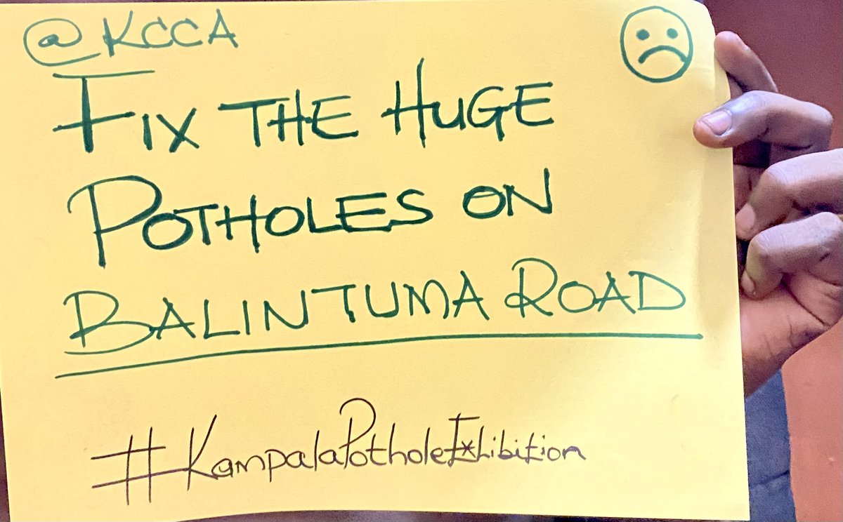 Jim Spire Ssentongo (@spirejim) on Twitter photo Okay. Now that <a href="/KCCAUG/">Kampala Capital City Authority (KCCA)</a> is getting some money, let’s continue showing them where the terrible potholes to prioritise are - until Friday. Speak to them with a pothole picture and location. You may also write a placard, perhaps like this here.
#KampalaPotholeExhibition Okay. Now that <a href="/KCCAUG/">Kampala Capital City Authority (KCCA)</a> is getting some money, let’s continue showing them where the terrible potholes to prioritise are - until Friday. Speak to them with a pothole picture and location. You may also write a placard, perhaps like this here.
#KampalaPotholeExhibition