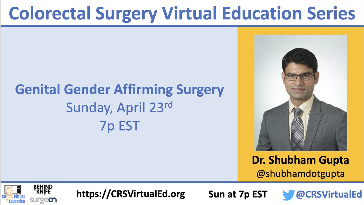 CRSVirtualEd (@crsvirtualed) on Twitter photo We are incredibly lucky to host Dr. Shubham Gupta this week to learn about Genital Gender Affirming Surgery.
This is essential surgery for some of our patients.
<a href="/shubhamdotgupta/">Shubham Gupta</a> <a href="/OutSurgeons/">Association of Out Surgeons and Allies (AOSA)</a> <a href="/BehindTheKnife/">BehindTheKnife</a> <a href="/RASACS/">RAS-ACS</a> <a href="/surgeonapp1/">SurgeOn</a> @queersurgeon <a href="/MariaUloko/">Maria Uloko MD</a> <a href="/drrachelrubin/">Rachel S. Rubin, MD</a> <a href="/ASCRS_1/">ASCRS_1</a> We are incredibly lucky to host Dr. Shubham Gupta this week to learn about Genital Gender Affirming Surgery.
This is essential surgery for some of our patients.
<a href="/shubhamdotgupta/">Shubham Gupta</a> <a href="/OutSurgeons/">Association of Out Surgeons and Allies (AOSA)</a> <a href="/BehindTheKnife/">BehindTheKnife</a> <a href="/RASACS/">RAS-ACS</a> <a href="/surgeonapp1/">SurgeOn</a> @queersurgeon <a href="/MariaUloko/">Maria Uloko MD</a> <a href="/drrachelrubin/">Rachel S. Rubin, MD</a> <a href="/ASCRS_1/">ASCRS_1</a>