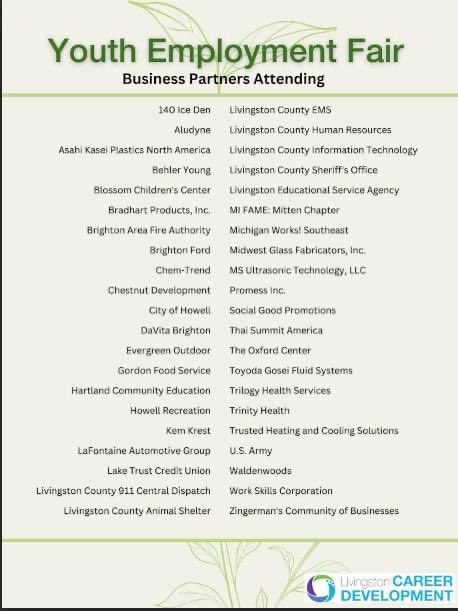 Youth Employment Fair! Great employment and learning opportunities for local youth. Full &amp; part-time jobs, internships, and apprenticeships. Thank you to our area businesses, municipalities, and non-profits for participating. <a href="/LivCareerDev/">Livingston Career Development</a> #OneHowell