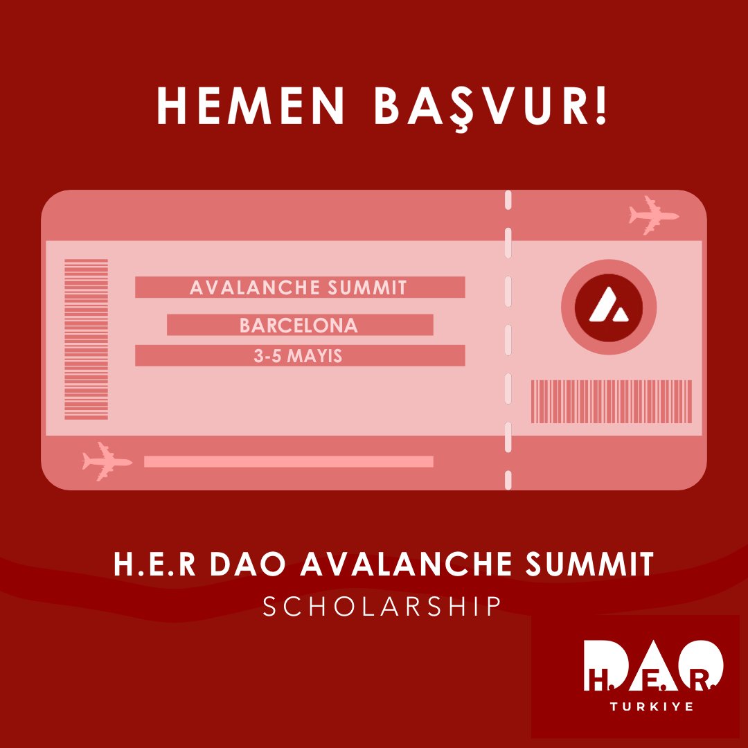 H.E.R. DAO TÜRKİYE (@herdaoturkiye) on Twitter photo ✨ Harika haberlerimiz var!
3-5 Mayıs tarihleri arasında Barcelona’da gerçekleşecek #AvalancheSummit'e katılmak isteyen 3 kadın geliştiriciye <a href="/avax/">Avalanche🔺</a> sponsorluğunda ulaşım bursu sağlayacağımızı duyurmaktan gurur duyuyoruz. ✈️🇪🇸
Son başvuru: 22 Nisan 22.59👇🏼docs.google.com/forms/d/e/1FAI… ✨ Harika haberlerimiz var!
3-5 Mayıs tarihleri arasında Barcelona’da gerçekleşecek #AvalancheSummit'e katılmak isteyen 3 kadın geliştiriciye <a href="/avax/">Avalanche🔺</a> sponsorluğunda ulaşım bursu sağlayacağımızı duyurmaktan gurur duyuyoruz. ✈️🇪🇸
Son başvuru: 22 Nisan 22.59👇🏼docs.google.com/forms/d/e/1FAI…