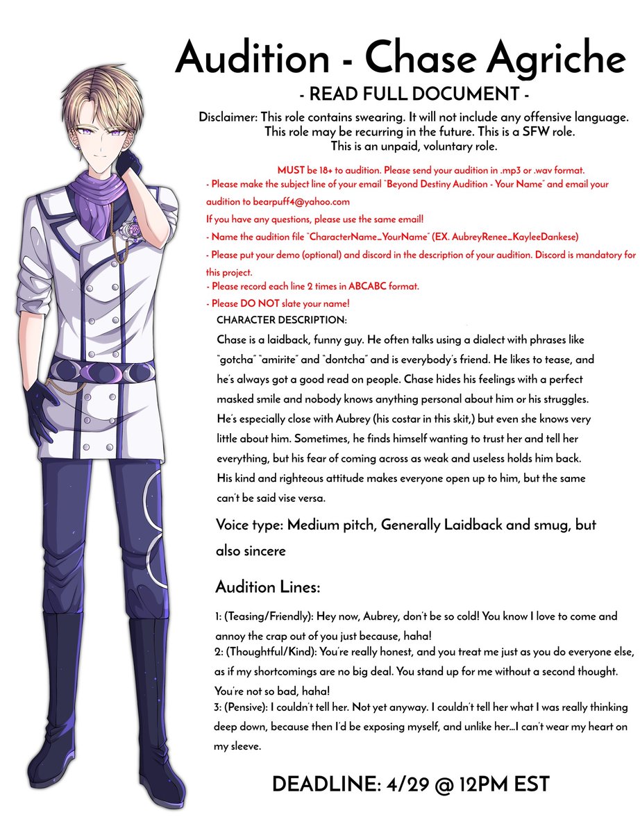 bearpuff4's tweet photo. Casting Call 1F/1M

Looking for voice actors for an original visual novel style video adaptation of a scene from my book! Video and script are already finalized so just looking for the voice acting! Audition info can be found in the images below! Examples of the work upon request https://t.co/Z7gz4QbezO