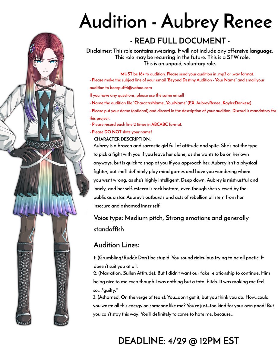 bearpuff4's tweet photo. Casting Call 1F/1M

Looking for voice actors for an original visual novel style video adaptation of a scene from my book! Video and script are already finalized so just looking for the voice acting! Audition info can be found in the images below! Examples of the work upon request https://t.co/Z7gz4QbezO