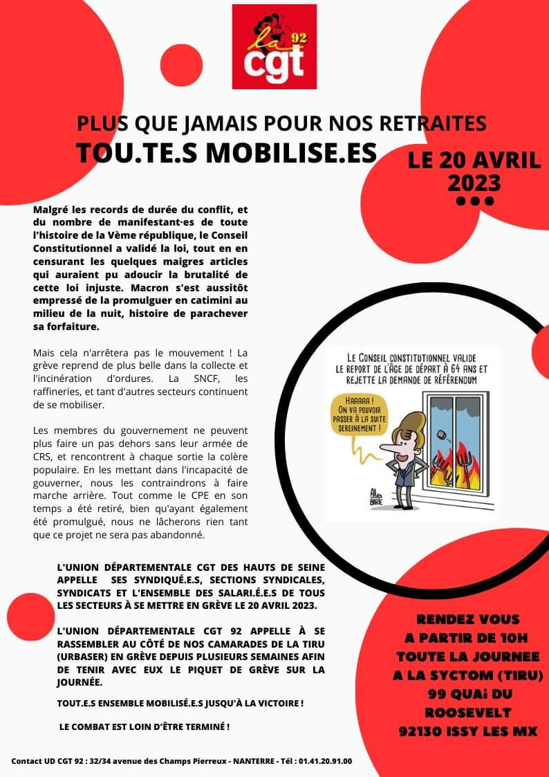 92_cgt's tweet photo. Toutes et tous en grève le 20 avril. RDV à la Tiru Issy à partir de 10h pour soutenir nos camarades en grève depuis plusieurs semaines. https://t.co/AfrL0dwg4a