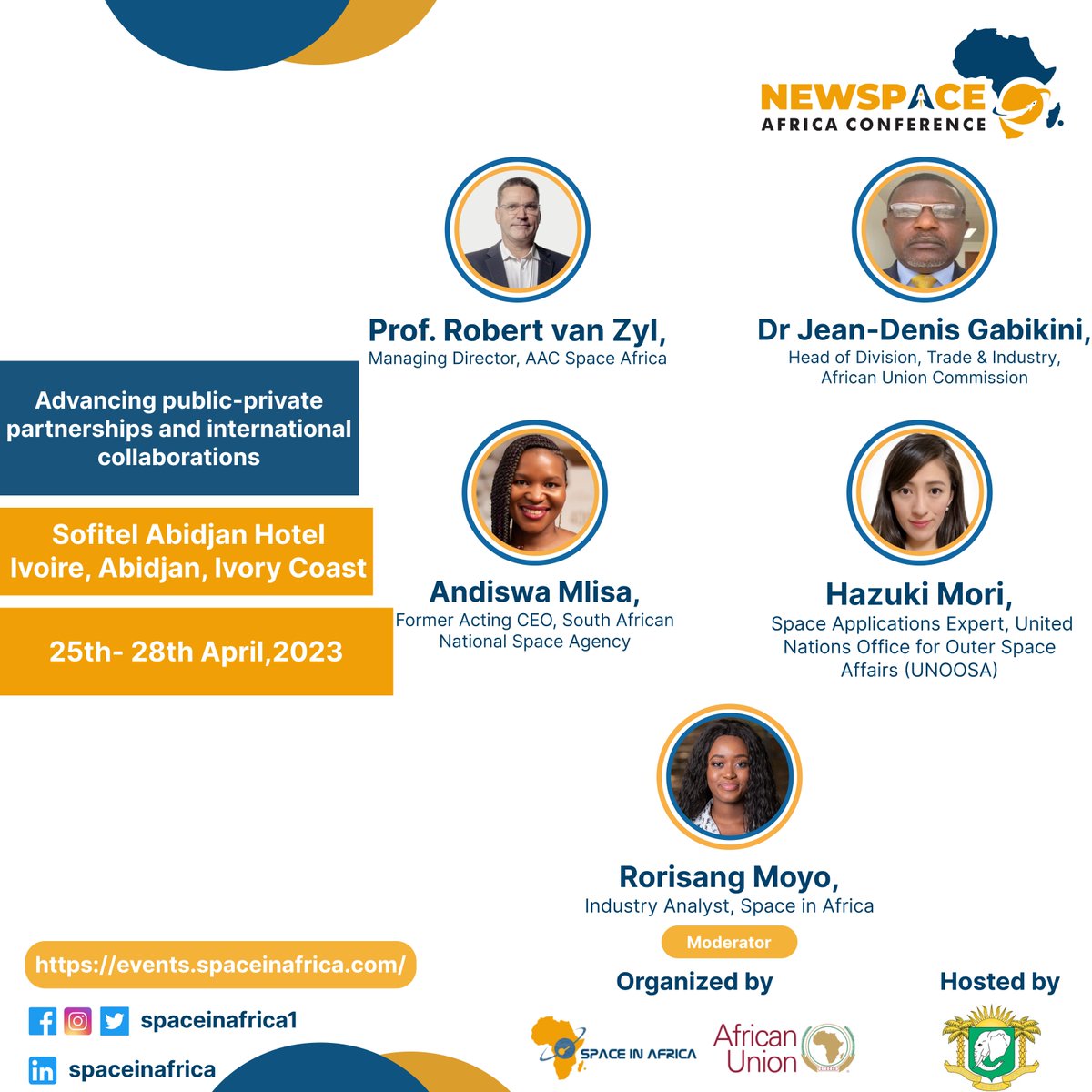 Meet our panellists! On this panel, speakers will discuss the thriving African space industry PPP and international partnerships in other space regions and insights on improving international collaborations in the African space industry.
#newspaceafricaconference