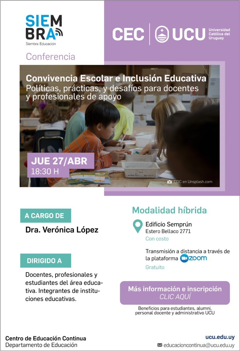 Ya estamos listos para la segunda conferencia de #SiembraEducación Esta vez a cargo de la Dra. Verónica López (<a href="/VeroLopezLeiva/">Verónica López Leiva</a> ) y en un tema que nos ocupa: #Convivencia Escolar e #Inclusión Educativa: Políticas, prácticas, y desafíos para #docentes y profesionales de apoyo