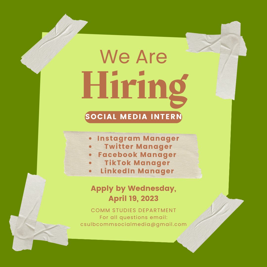 commcsulb's tweet image. Here with an important reminder! Applications for the Communication Studies Department Social Media Internship are due tomorrow by 11:59PM. 💻

For more information on the position follow this link: forms.gle/A1HuGUyW2h5ZCo… or you can click the link in our bio!  

#COMMinternship