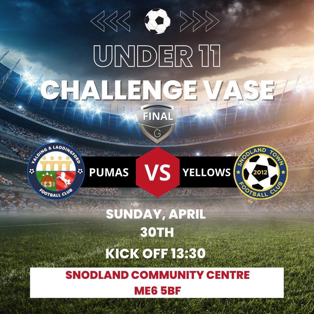 We have another cup final 🙌
This time our U11 Pumas, take on Snodland Town Yellows in the Challenge Vase 🏆 
This team has had a great season and we want to wish them the best of luck in their final. ⚽️ 
#Grassroots #CupFinal <a href="/KentFA/">Kent FA ⚽</a> <a href="/snodlandtownfc/">Snodland Town FC</a>