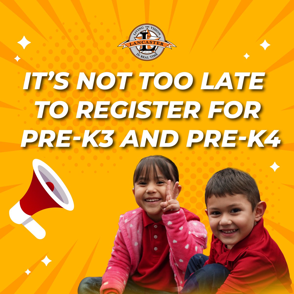 It's not too late to register for Pre-K3 and Pre-K4 in Lancaster ISD! Online enrollment is now open, and we offer free Pre-K for qualifying three and four-year-olds. 

Visit lancasterisd.org/enrollment for more information and to begin the registration process. 

#TigerUp