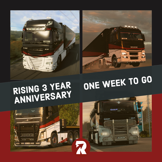 risingvtc's tweet photo. Just one week to go and we celebrate our 3 year anniversary.
We like to see you there and celebrate this milestone.

https://t.co/0pkZcRN1Rb

#ets2 #truckersmp #convoy #anniversary #birthday https://t.co/bgNErkFCLC