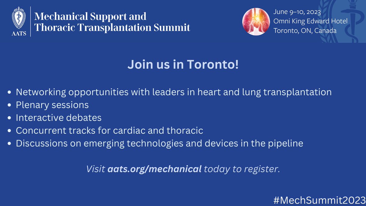 AATSHQ's tweet photo. Interested in #mechanicalsupport and #thoracictransplant? The #MechSummit2023 early bird deadline is approaching on 5/11! Join Directors Mark S. Slaughter of @uoflmedschool and @MarceloCypel of @UHN with leading experts in Toronto in June. Register now! https://t.co/0R7QoQSrgd https://t.co/mdVYXWeapU