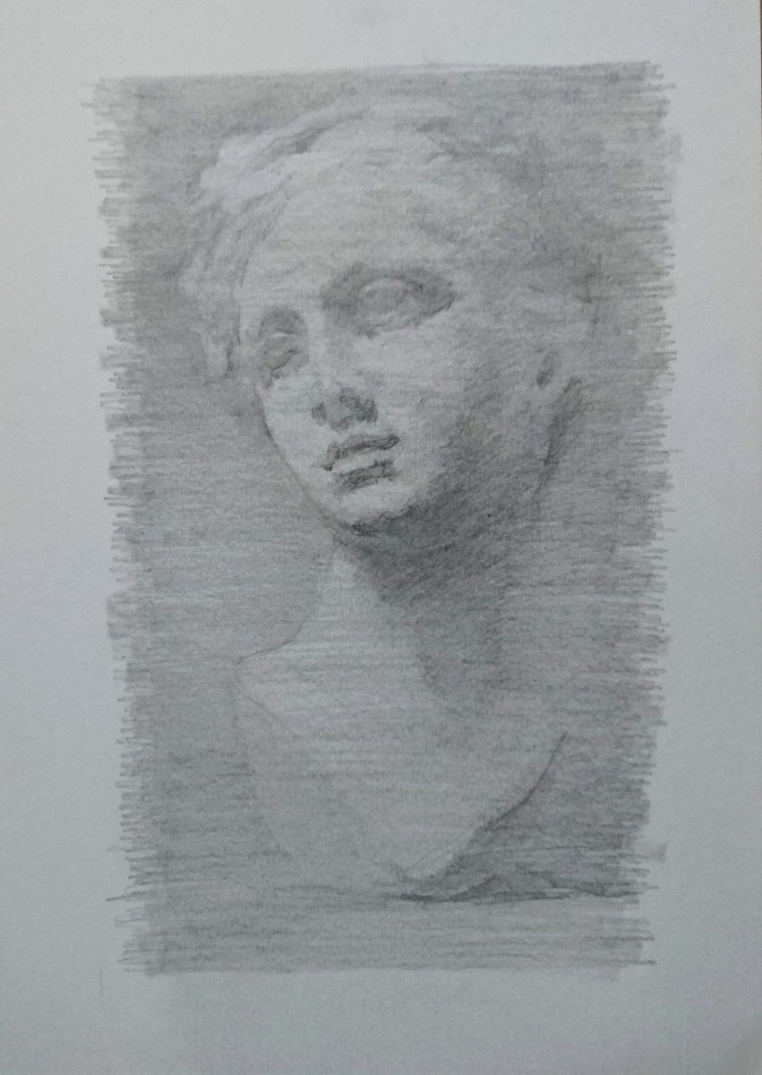 2020 A4白象紙に鉛筆【Bust of Thalia(タリアの胸像)の素描】
●プロセス 其の2∶中盤
1時間、2時間、2時間45分、3時間30分
大きな明暗・面を捉え擦筆で陰影の調子を擦り込む。一番明るい所と一番暗い所、明暗の対比の一番強い所を確認し、対象のその序列関係を写していくと同時に形を修整していく。