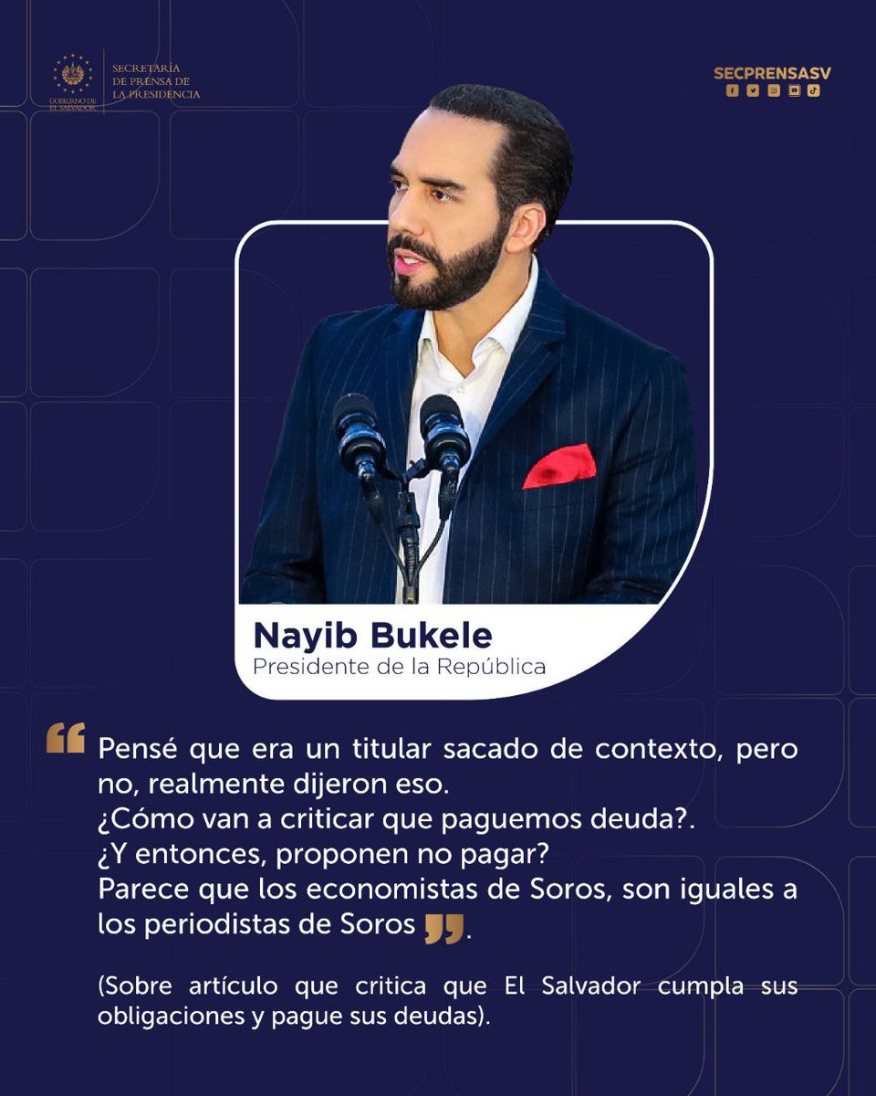 SecPrensaSV's tweet photo. #PagoDeDeuda | Pese a que El Salvador está cumpliendo con el pago de la deuda, hay voces que insisten en criticar esta acción. Por ello, el Presidente @nayibbukele cuestionó una nota periodística que hace ver como negativo que el país cumpla sus obligaciones. #SecretaríaDePrensa https://t.co/1wVX1xzgks