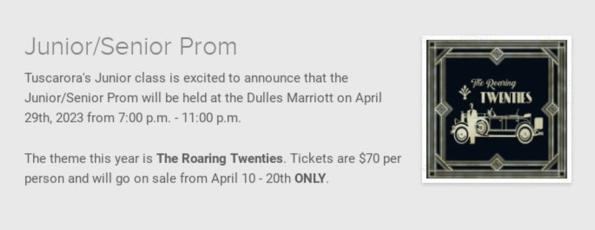 THS_DRoach's tweet photo. 🎉 1! 1! 1! 🎉. 

LAST DAY to get PROM TICKETS (tomorrow, Thursday 4/20)!  Payment can be made online through LCPS school cash, or cash/ check.  Don’t forget to bring in your permission slip! @TuscaroraHS @Principal0821 @DrHarris2019 @sugee27 https://t.co/XckMfWk1O5