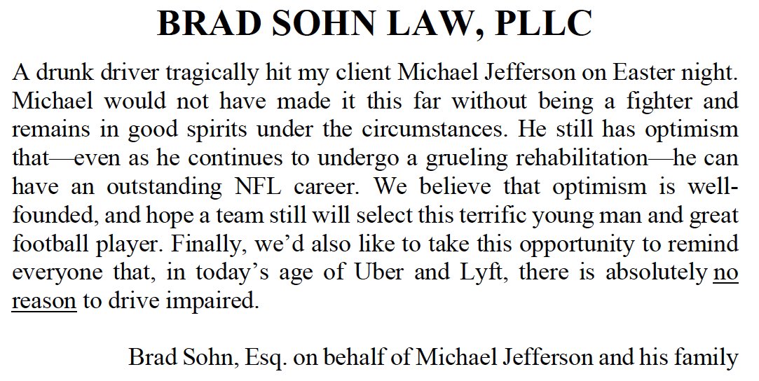 AdamSchefter's tweet photo. Louisiana-Lafayette WR draft prospect Michael Jefferson, who was hit by a drunken driver on Easter night, was released from the hospital today. He is expected to miss this season, but doctors believe he should be able to play in 2024.

A statement from his attorney, Brad Sohn. https://t.co/fWyMD2XoBN