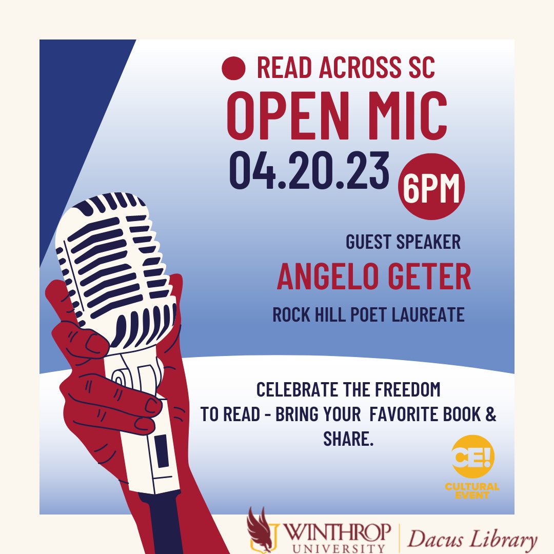 dacuslibrary's tweet image. Tomorrow&apos;s Read Across SC - Open Mic event is now a #CulturalEvent! Tomorrow evening, drop by Dacus and celebrate the Freedom to Read! Bring your favorite book and read a short excerpt. Leading the event will be Angelo Geter (@EyeAmBic), Rock Hill&apos;s Poet Laureate. See you there!