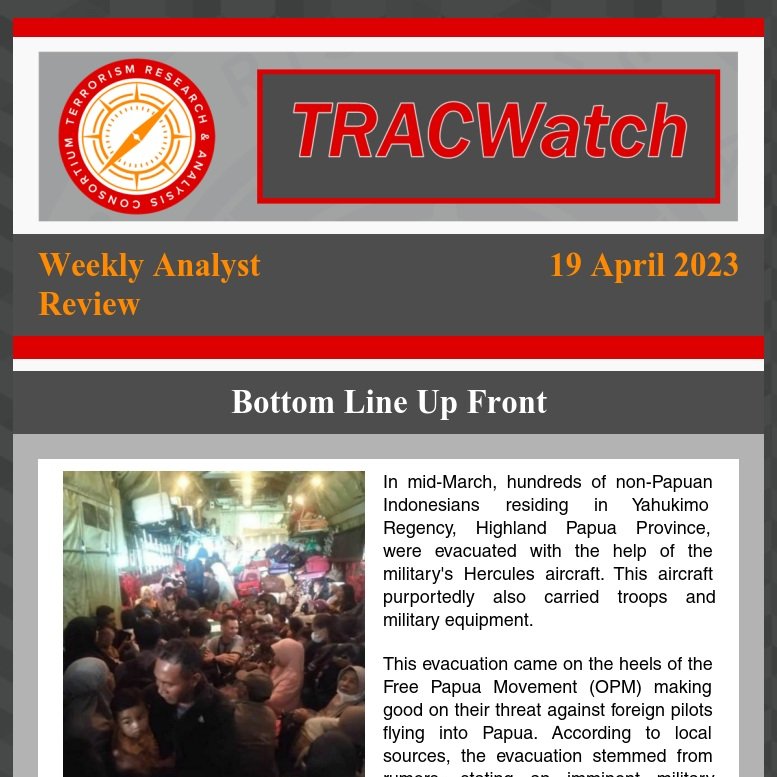 TracTerrorism's tweet photo. #TRACWeeklyReview - 19.04.2023
https://t.co/AgZ2NsanQJ
#OPM #FailedCTO #PilotHostage #Mehrtens #Papua #Indonesia #PDF #3DPrintedWeapons #Myanmar #ISWA #IEDs #N1 #NigerNigeriaBorder #MoorishSC #GA #Janali #Jerusalem #LoneWolf #RSF #Geneina #Sudan https://t.co/VKDJFDLz1v