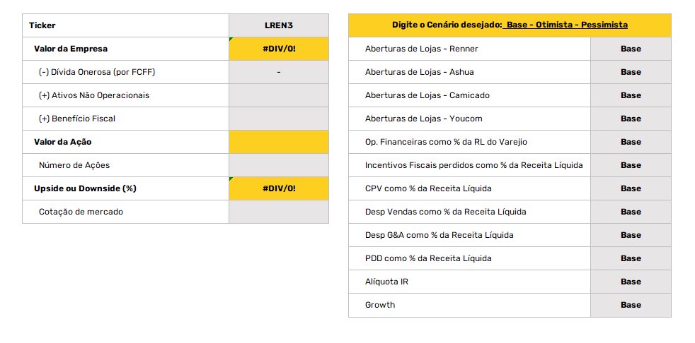 pedroaccorsi_'s tweet photo. Como prometido, a planilha está pronta. 

Para receber o modelo DCF de Renner (LREN3) é só dar um RETWEET e estar me seguindo. 

Nela, você muda uma palavra e todo o modelo é alterado com base no cenário escolhido!! É tudo automatizado e pode ser utilizado com qualquer empresa 😄 https://t.co/OPQJijB8zk