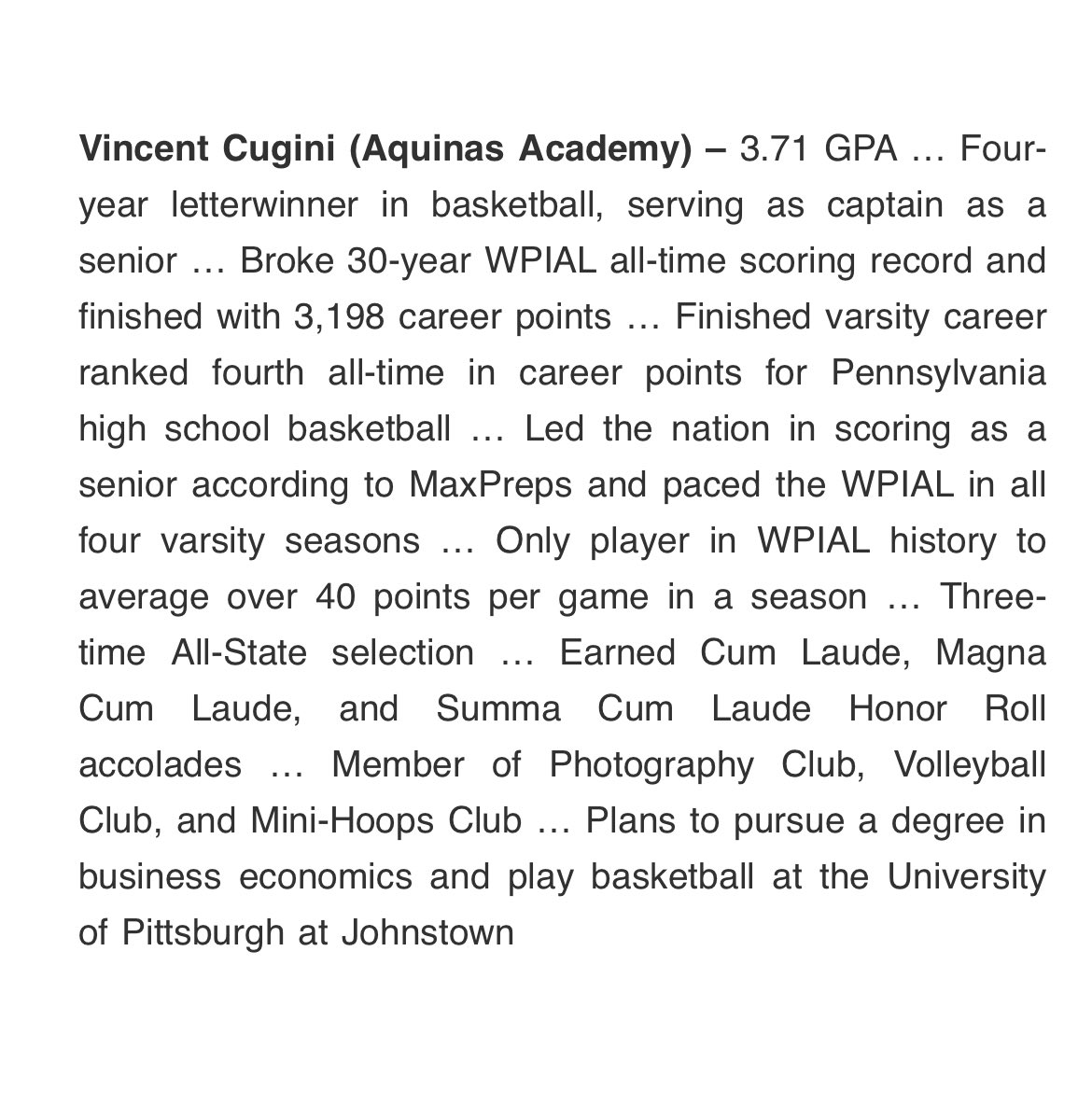BrandiCugini's tweet photo. Couldn’t be more proud! Award recipient of the WPIAL James Collins Scholar Athlete. Congratulations @CuginiVinnie 🥰 https://t.co/NtJHeLeyYf