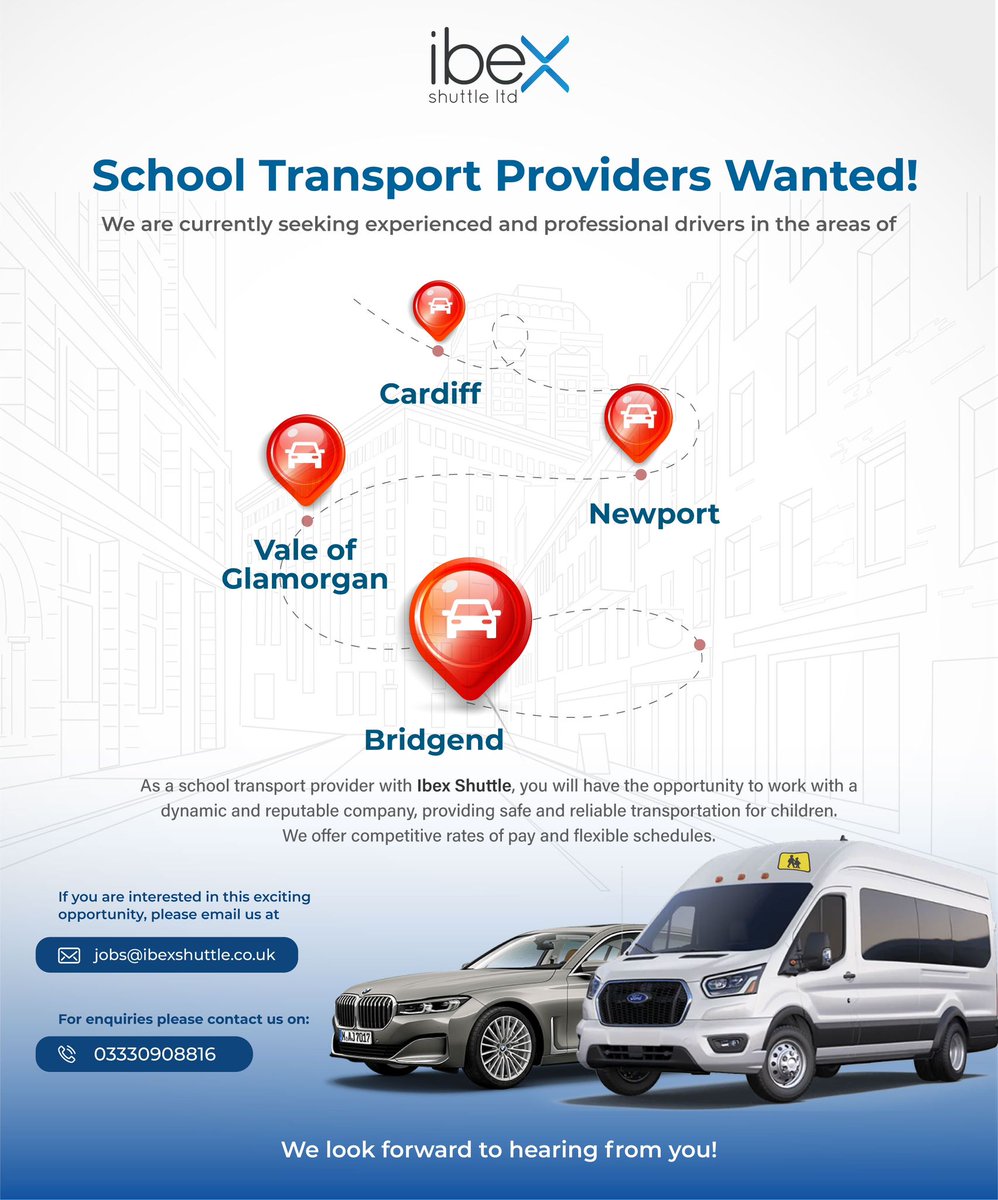 IbexShuttle's tweet image. Looking for a school run in Cardiff, Newport or Vale of Glamorgan?

We are looking for reliable and experienced drivers to join our team.

• Competitive rates
• Flexible hours 
• Full training 

Email jobs@ibexshuttle.co.uk or call 0333 090 8816 to apply today!
#Schoolruns