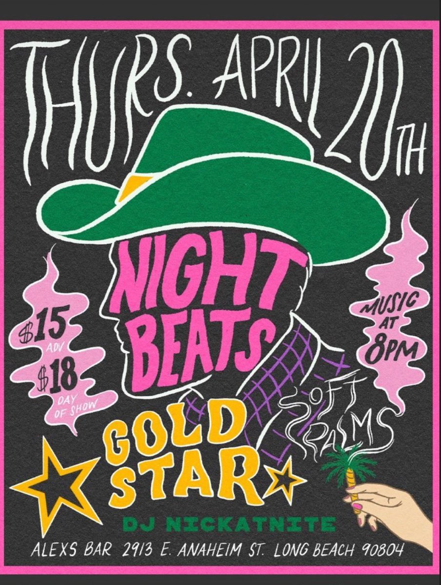 Thursday 4/20 we play <a href="/alexsbar/">Alex's Bar LBC</a> w/ <a href="/thenightbeats/">Night Beats</a> &amp; Gold Star!!  🥬🥬🥬 

Get there early... we play ay 9PM!

Tix at softpalmsmusic.com