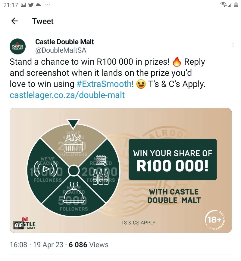 KasiInvestor's tweet photo. @DoubleMaltSA #ExtraSmooth let's go double malt double prize for me https://t.co/g5aLUKG1NN
