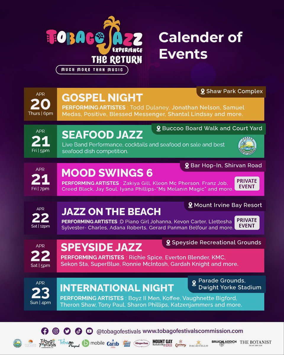 TobagoFestivals's tweet photo. The Official Calendar of Events for the Tobago Jazz Experience 2023
#TobagoJazzExperience2023 #TJE2023 #TobagoFestivals #MuchMoreThanMusic https://t.co/oZa6JW1Rht