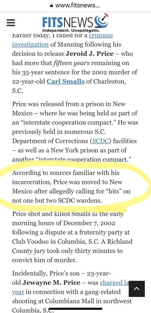 IBfromTheSC's tweet photo. @fitsnews Forgive me for screenshot of your article, but this NEEDS to be seen by many because this is NOT right -he is dangerous 

1. Price was released by Mullen 16 yrs early while serving LIFE sentence. Sent to New Mexico prison after being relocated for making ‘hits’ against SC wardens https://t.co/Ix8n5zYjTB