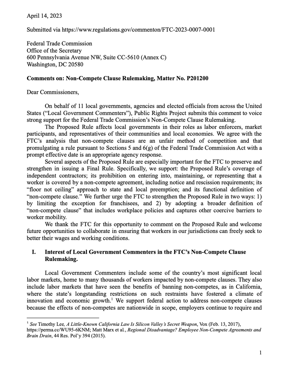 1/ 🚨Public Rights Project (PRP) and a coalition of local governments, agencies, and officials, has submitted a comment letter to the <a href="/FTC/">FTC</a> urging it to issue a final rule that recognizes that non-compete clauses should be banned nationwide.