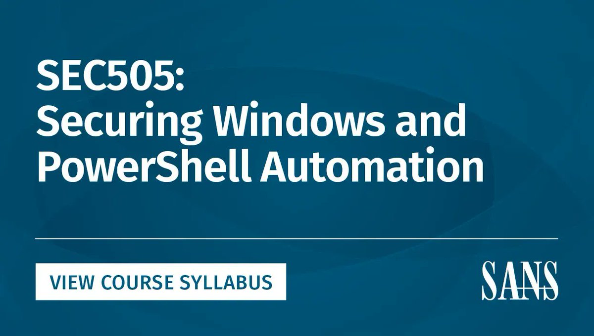 SANSDefense's tweet photo. SEC505 Securing Windows and PowerShell Automation teaches how to use #PowerShell to automate Windows security and harden PowerShell itself. Try the course demo for yourself: https://t.co/5ujzCr64Yh
Learn more about #SEC505: https://t.co/4cGunxkcUI https://t.co/sPwc4owlXP