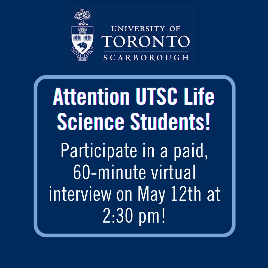 Are you a UTSC Life Science student interested in participating in a paid, 60-minute virtual group interview on May 12th? We are conducting research to explore how to best describe UTSC's Life Science programs!

Sign up here: forms.office.com/Pages/Response…