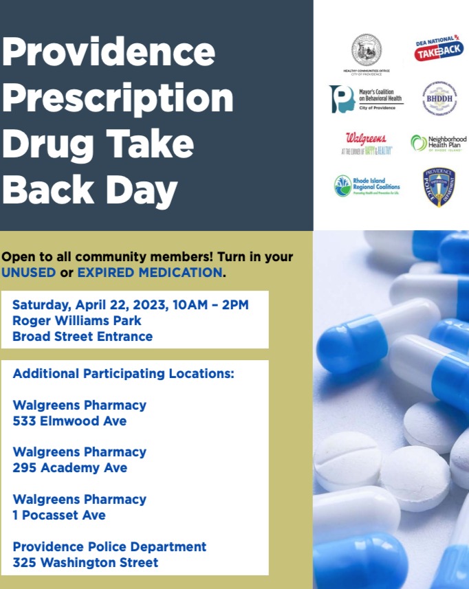 This Saturday, 4/22, there's a prescription drug take-back day happening at Roger Williams Park from 10 am - 2 pm. Join CODE partners to learn about how proper disposal of drugs can help save lives. Learn more about getting rid of meds safely at takeback.pvdcode.com #PVDCode