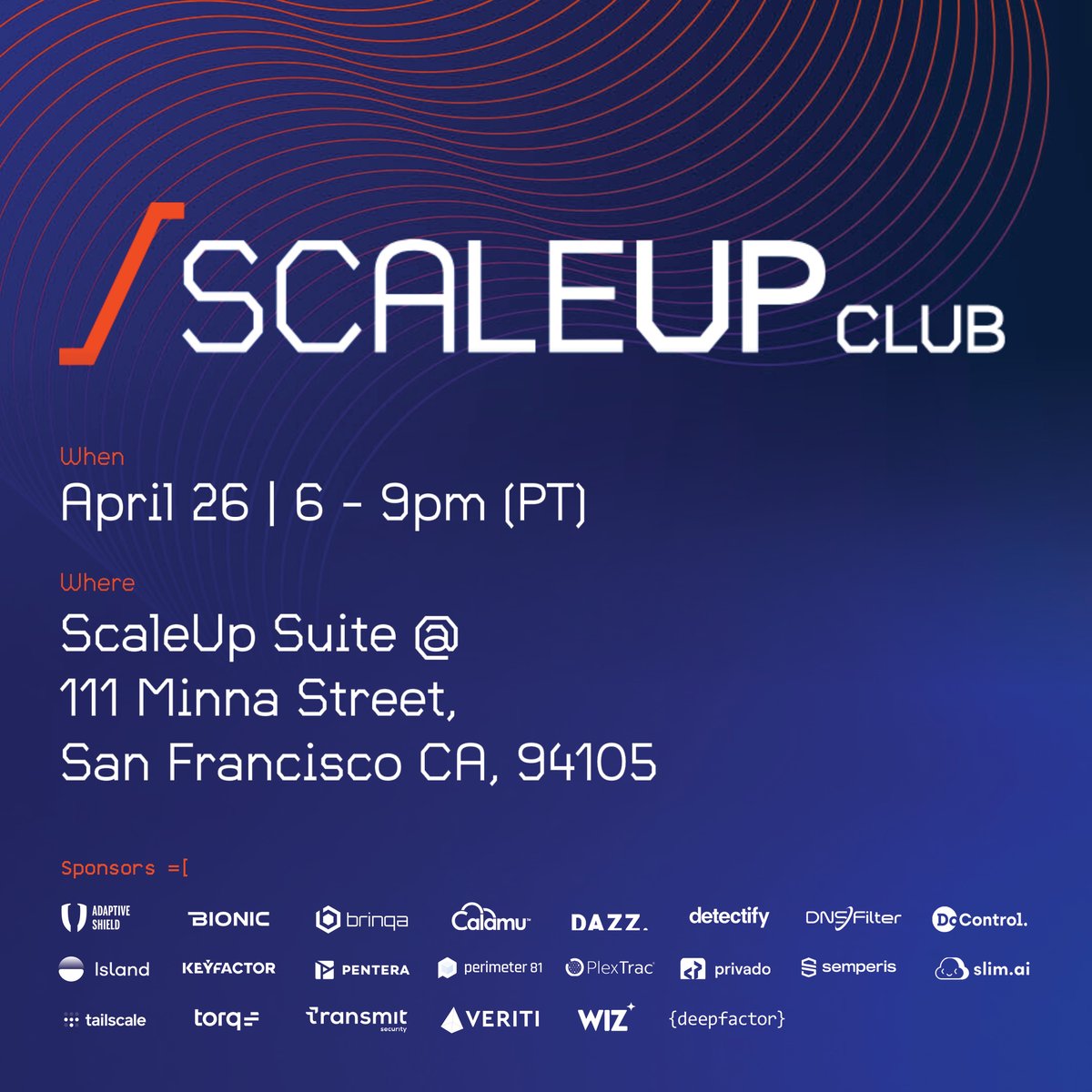 penterasec's tweet photo. Connect with the top of the top at the #ScaleUpClub!
@insightpartners are hosting another unforgettable event at #RSA2023.
Come to network with #cyber industry leaders and stay for the performance by Marc McGrath of Sugar Ray and more sweet surprises.
https://t.co/Mff9LtL1eK https://t.co/OTfgipIlbj
