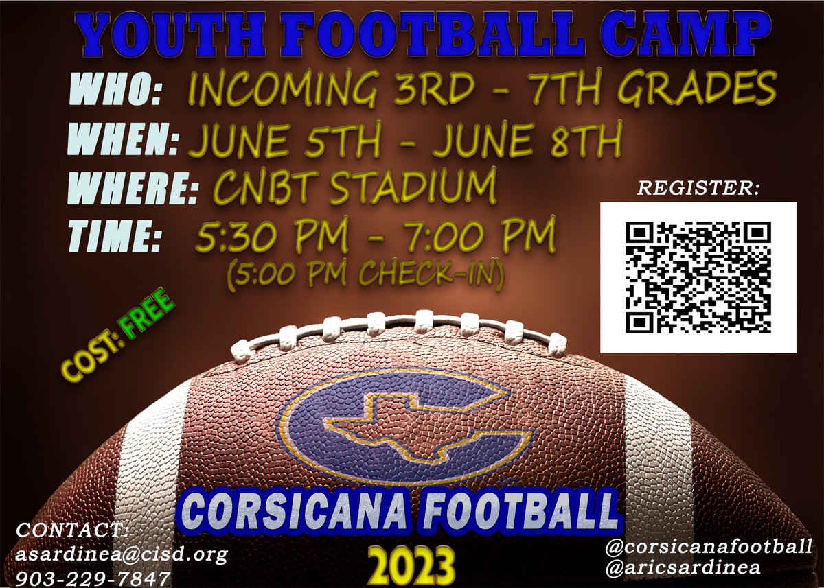 Corsicana Tigers Youth Football Camp is scheduled for June 5-8 at CNBT Tiger Stadium. The camp is free, and open to incoming 3rd-7th graders. For more information, contact Coach Sardinea at 903-229-7847 or by email at asardinea@cisd.org. Register here: bit.ly/41DWqig