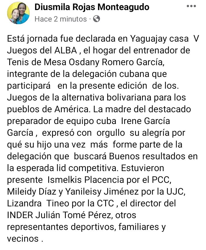 DiusmilaRojas's tweet photo. #BuenasTarde #Declarada en Yaguajay casa V Juegos del ALBA, hogar del entrenador de Tenis de Mesa Osdany Romero García.@DiazCanelB @DeivyPrezMartn1 @TeresitaRomeroR @RadioYaguajay1 @RadioSSp @LuisRamonGMCuba @EddydelRioCuba @anamartin651 @jacomino_luis @lrmt66 @Jgserra2016 https://t.co/e6OBF1KKzR