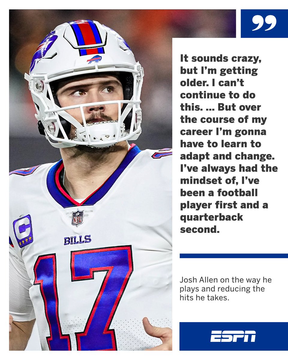 ESPNNFL's tweet photo. Josh Allen could look to change his play style to reduce the amount of hits he takes 👀 https://t.co/MNutj5ZTgF
