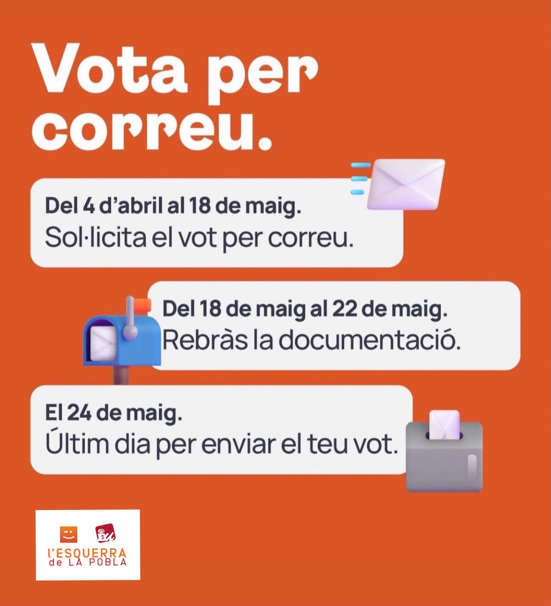 EsquerraPobla's tweet photo. 📣Si el cap de setmana del 28 de maig tens previst estar fora del poble recorda que ens la juguem! 

📩Sigues previsor i demana el teu vot per correu de manera presencial o en línia

💬Si tens algun dubte de com realitzar el tràmit contacta amb nosaltres i tractarem d’ajudar-te https://t.co/8zbP47m4Ya