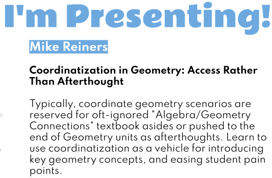 MrReiners's tweet photo. Hey, @mctm_mn teachers: headed to the #MCTM23 Spring Conference in Duluth? Looking through sessions and making your plan?
If you teach/train/coach HS Geometry (or integrated), consider attending this session!
Sat, 11:45-12:45   session #145 - Harbor Side 203 https://t.co/CYZeO9OvaQ