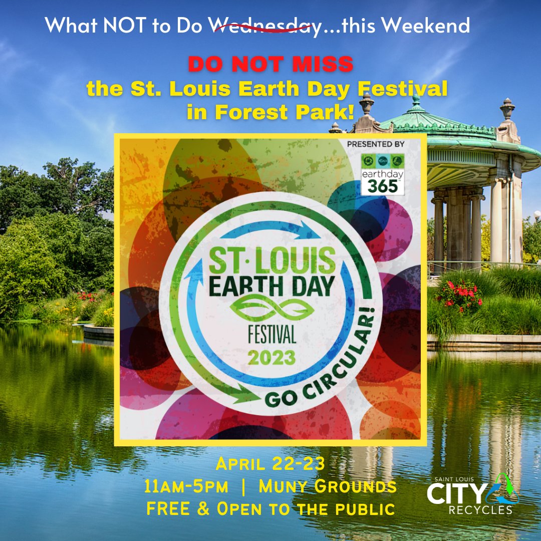 STLCityRecycles's tweet photo. You WON'T WANT TO MISS the St. Louis Earth Day Festival in Forest Park. Sat &amp; Sun, 11am-5pm both days.  Stop by the @STLCityGov  Tent while you're there to say, "Hi!" 😎#STLEarthDayFestival #STLCityRecycles #WhatNOTtoDoWednesday #STLCity #STL https://t.co/up0C7pAy4G