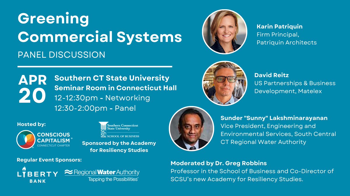 @DavidReitz , US Partnerships & Business Development of Matelex will be joining the @ConsciousCapCT at @SCSU to present on a panel about Greening #CommercialSystems. If you're local to CT, you won't want to miss this! #innovativebusiness