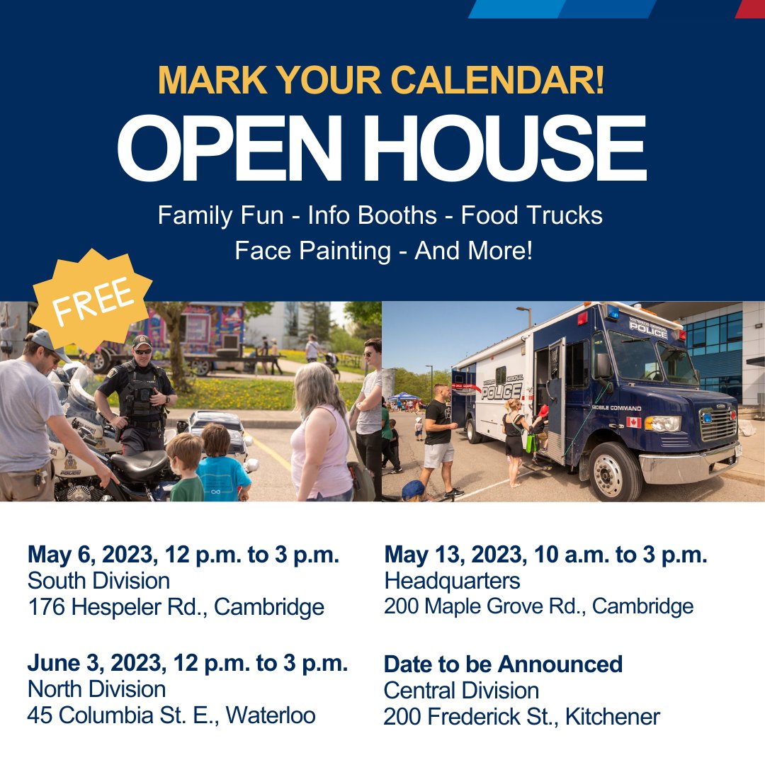WRPSToday's tweet photo. Mark your calendar!

Join us at one of our upcoming Open Houses on May 6 at South Division, May 13 at Headquarters, and June 3 at North Division.

Enjoy some family fun, info displays, food trucks, facing painting, and more! https://t.co/nbE9QrgWEe