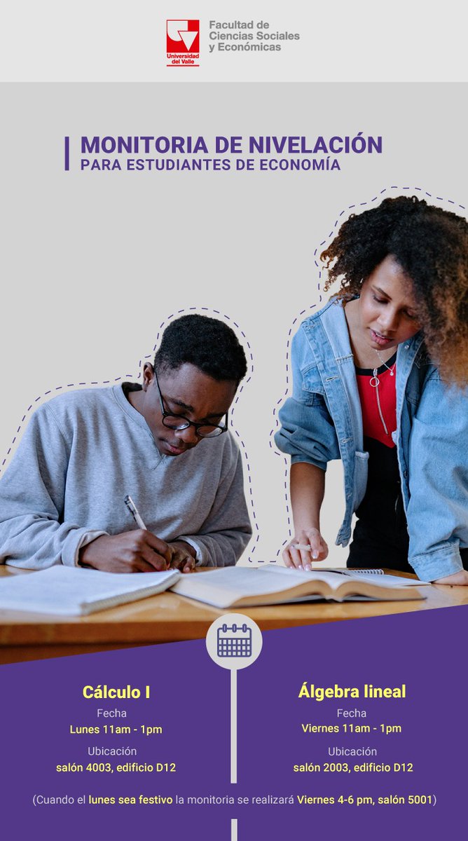 UVsocioeconomia's tweet photo. ¡Atención estudiante de Economía! Asiste a las monitorias de Cálculo y Álgebra Lineal, todos los lunes y viernes en nuestra Facultad. Mejora tus habilidades matemáticas y refuerza tu confianza. ¡Te esperamos! #monitoria #univalle https://t.co/1MHT4hsVV3
