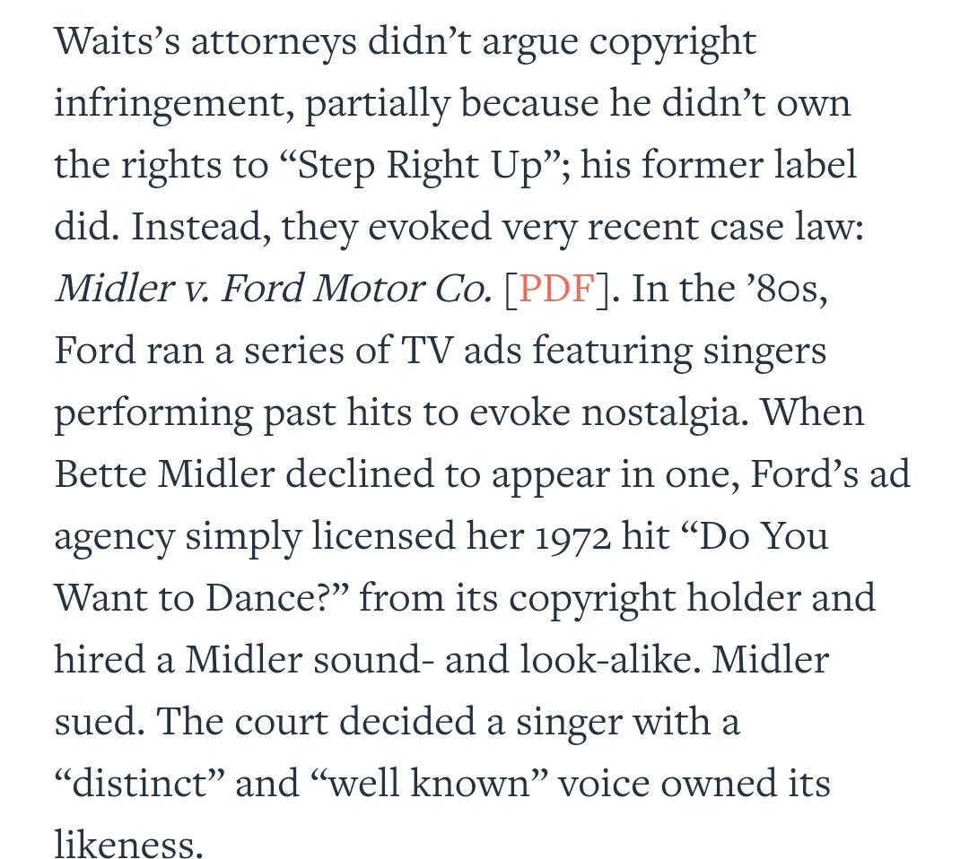 HALSodyssey Case law says a performer with a "distinct" and "well known" voice owns its likeness .

But this is 🔥

What a moment for the music business.

Yikes!