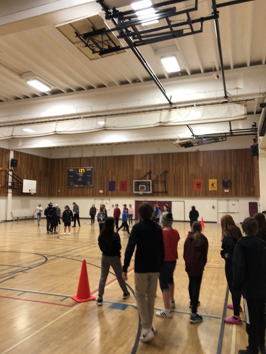 Grade 7 and 8 students playing cooperative kickball in Phys-Ed today! Way to go, Cougars!
