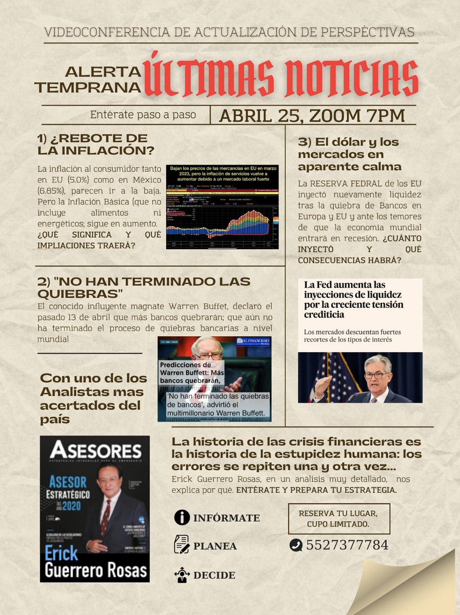erickguerrerotv's tweet photo. PRIMERO NOS DIJERON QUE NO HABRÍA INFLACIÓN…Y LA HUBO. 

Luego nos dijeron que sería transitoria…y no lo fue.

Después, que no rebasaría el 4% y se fue a más del doble en México y EU.

Ahora nos dicen que tendremos un “aterrizaje suave” de la economía mundial y que la recesión será leve.

¿Tú les crees? Cuidado…

LOS PUNTOS CIEGOS SON PELIGROSOS.

Entérate de lo que realmente viene asistiendo a esta videoconferencia.

WhatsApp 5527377784