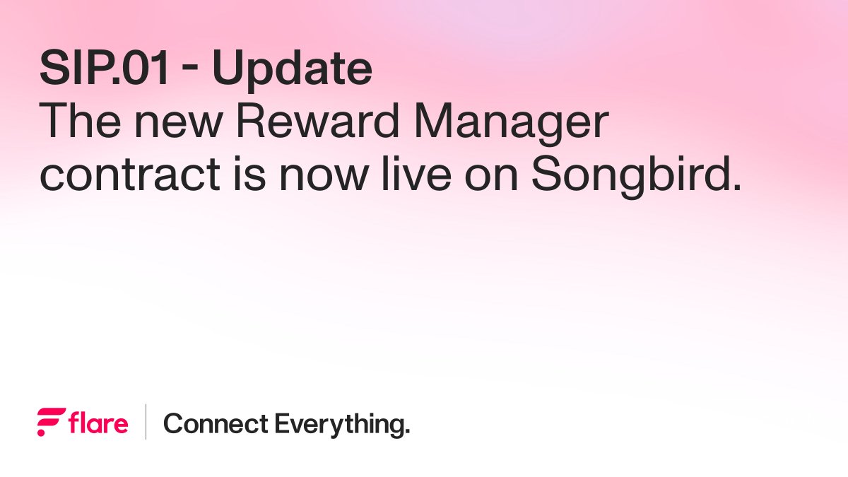 FlareNetworks's tweet photo. SIP.01 update: The new FTSO Reward Manager contract is now live on #Songbird. This now enables autoclaiming to be implemented on Songbird, which will simplify SGB reward management and compounding.
1/2 https://t.co/lrSWy1gnLZ